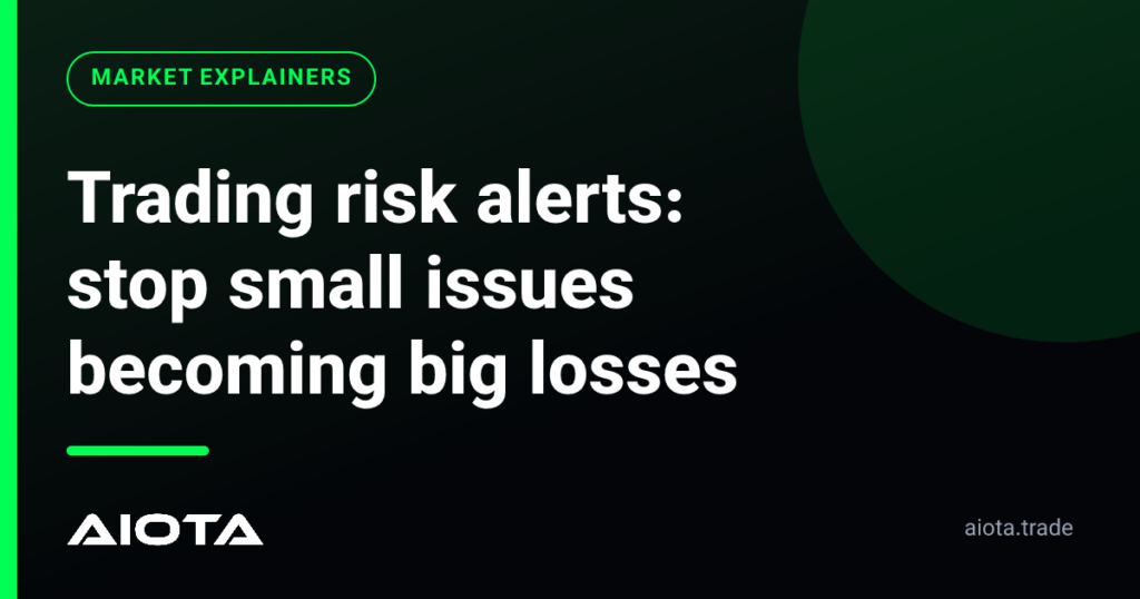 A digital dashboard interface showing risk alert notifications and performance analytics for a trader.
